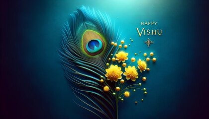 Watercolor style illustration for vishu with peacock feather and yellow flowers. - obrazy, fototapety, plakaty