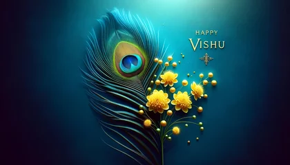 Fotobehang Watercolor style illustration for vishu with peacock feather and yellow flowers. © Milano