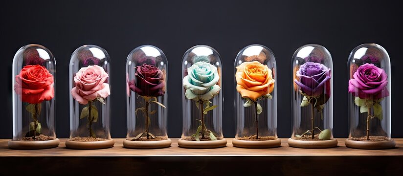 Arrangement of six beautiful roses displayed in glass cloches with a wooden base on a table
