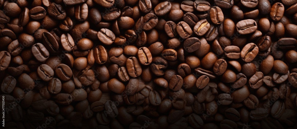 Poster A detailed view of a mound of coffee beans, perfect for texture and background in design projects