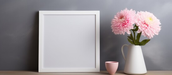 A simple white vase filled with pink flowers placed next to a blank white picture frame on a wooden table