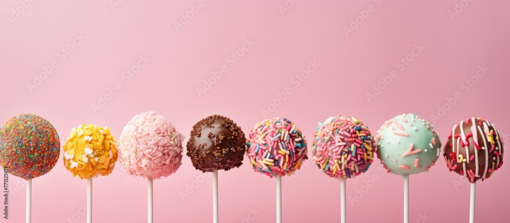 Poster Assorted cake pops with different toppings displayed in a row on a vibrant pink background