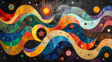 Obraz premium Vibrant abstract painting with wavy lines and dots. A captivating array of wavy lines and dots in various sizes and colors create a dynamic and vibrant abstract artwork with a cosmic feel