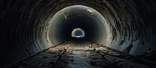 A train is visible emerging from a dark tunnel in the abandoned unfinished Soviet bunker in Sevastopol - obrazy, fototapety, plakaty