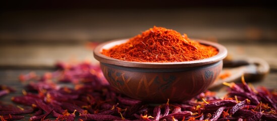 A small ceramic bowl filled with raw organic red saffron spice, accompanied by a metallic spoon for cooking purposes