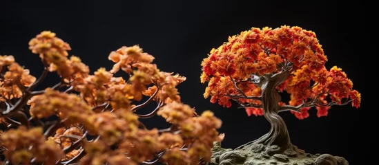 Fotobehang A close-up view of a bonsai tree showcasing beautiful orange flowers blooming on a textured rock © vxnaghiyev
