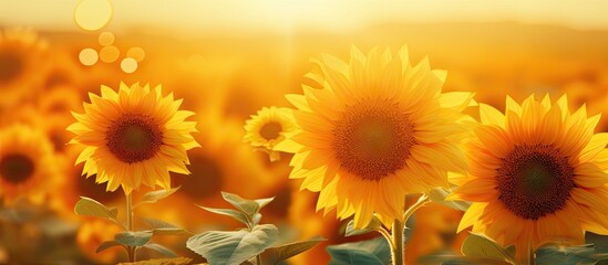 Vivid sunflowers illuminated by the sun's rays in a vast and vibrant field, showcasing their bright...