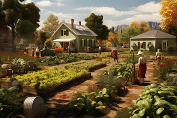 1940s victory garden with people tending to vegetable patches. - obrazy, fototapety, plakaty
