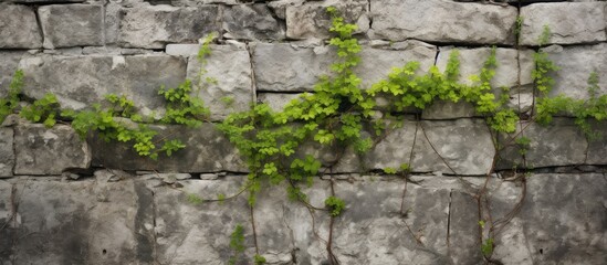 Rustic stone wall covered in thick vines and weeds flourishing in the crevices of the mortar