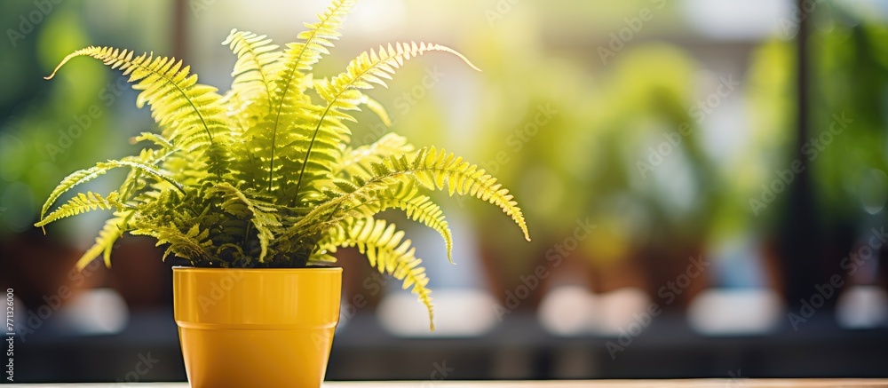 Poster yellow potted plant placed on a table indoors, featuring a variegated boston tiger fern with selecti
