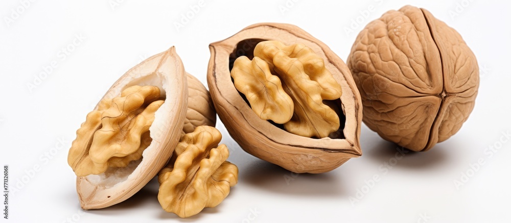 Aufkleber collection of whole and cracked walnuts with shells placed on a plain white background, showing deta