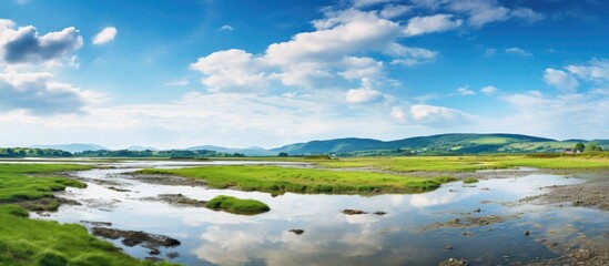 A scenic view of a tranquil river meandering through a vibrant green field under a clear blue sky