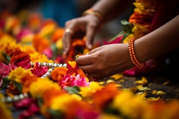 Close-up of hands stringing vibrant flower garlands for a traditional ceremony - obrazy, fototapety, plakaty