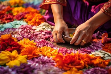 Close-up of hands arranging vibrant flower petals into intricate patterns for a floral carpet - obrazy, fototapety, plakaty