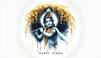 Watercolor illustration  for the festival of vishu with a young lord krishna and konna flowers decoration.