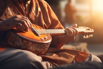 Close-up of hands playing traditional stringed instruments in a serene outdoor setting - obrazy, fototapety, plakaty