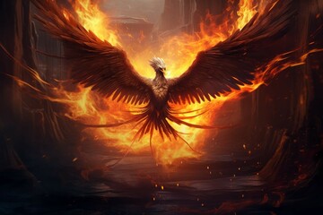 Majestic phoenix rising from ashes in fiery explosion. - obrazy, fototapety, plakaty