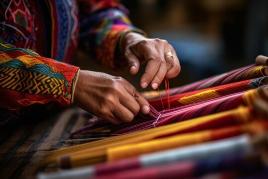 Close-up of hands weaving a traditional textile on a wooden loom