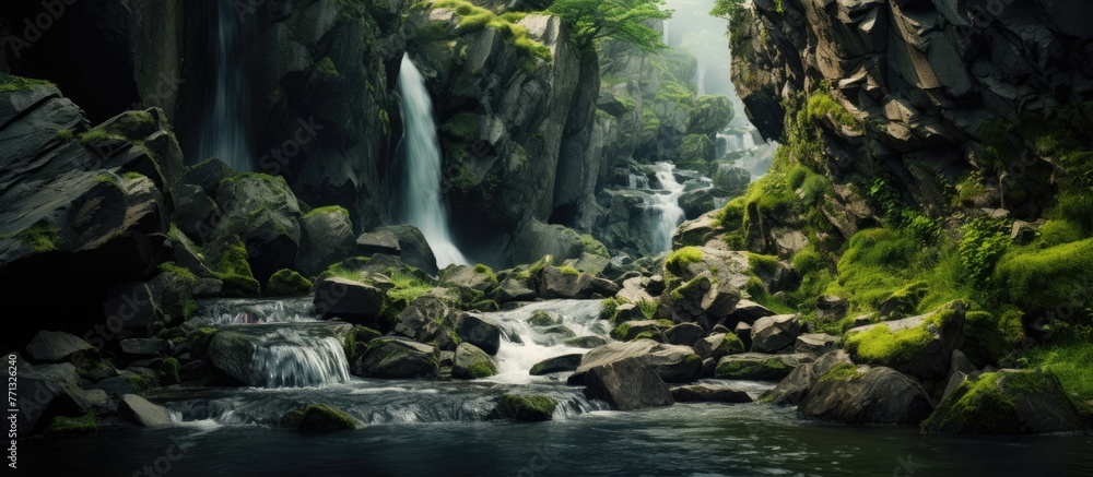 Aufkleber Lush green forest setting with a cascading waterfall surrounded by rocks covered in moss, with a gentle stream flowing through