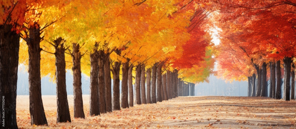 Poster several trees lined up next to each other showcasing vibrant orange and yellow leaves during autumn