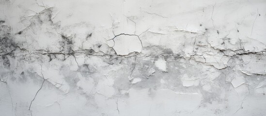 A close-up of a white wall showing signs of wear with peeling and cracked gray paint in a black and white color scheme