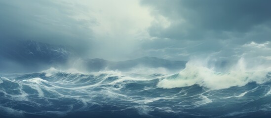 A rough sea during a powerful storm with dark clouds and strong, crashing waves in the ocean