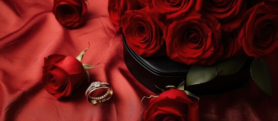 A ring placed on red cloth surrounded by red roses, against a vivid red background for romantic vibes