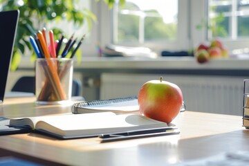 Back to School: Books with Apple and Pen on the Desk for Learning, Teaching and Education. Desk in Focus with Apple Snack and Books Perfect for Study - obrazy, fototapety, plakaty