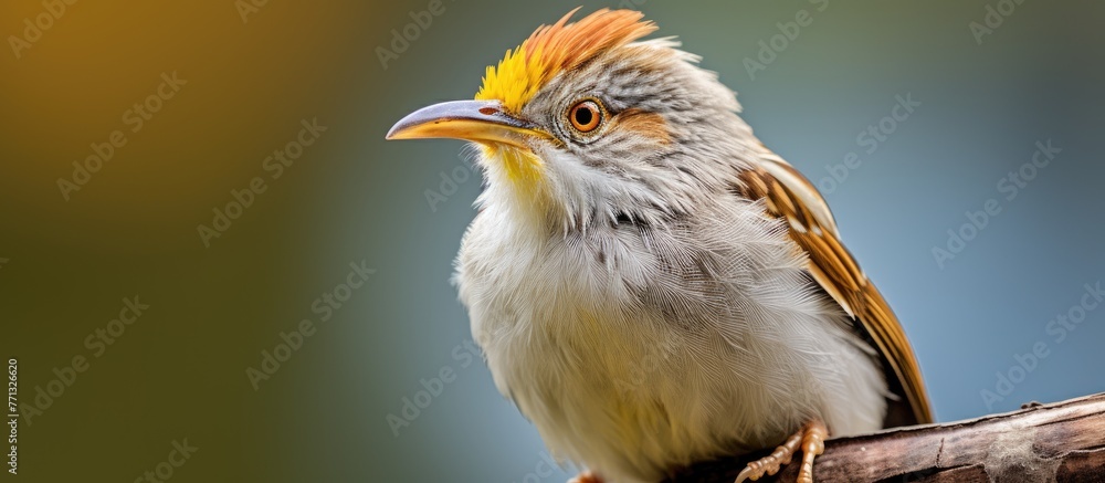 Poster a stunning close-up portrait of a bird with a vibrant yellow head and a distinctive brown beak in sh