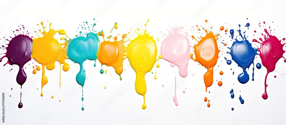 Poster Vibrant and varied paint splatters in different colors are arranged neatly in a row on a clean white surface