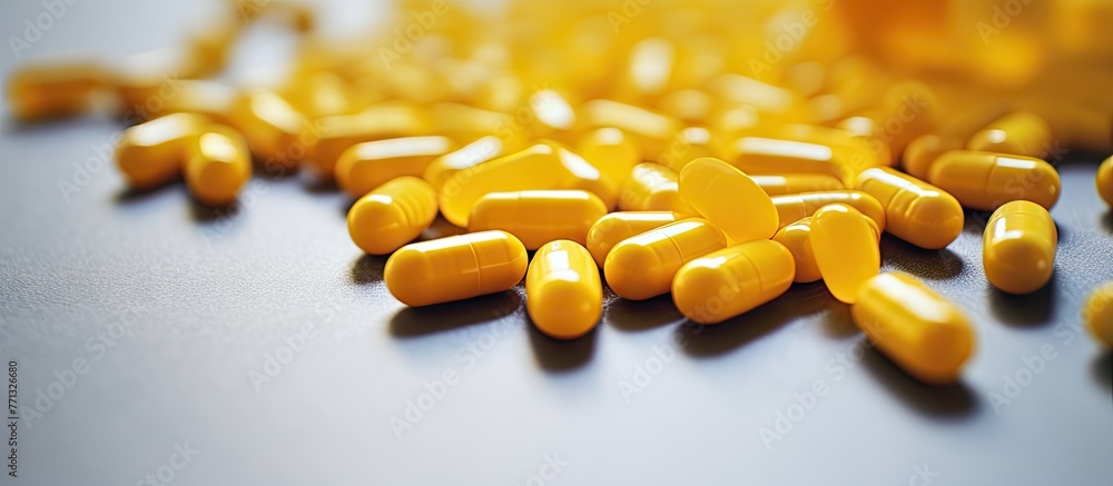 Aufkleber scattered yellow vitamins are spilled out of a container onto a flat surface, creating a vibrant con