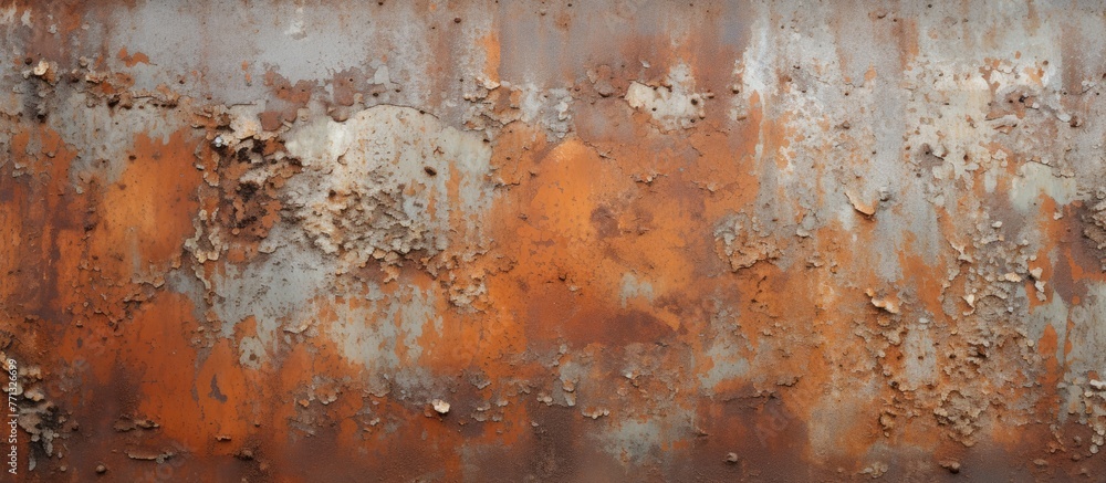 Aufkleber detailed view showing a weathered metal surface with rust and remnants of paint, displaying a textur