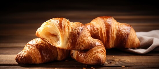 Two delicious croissants are displayed on a rustic wooden table accompanied by a white napkin - obrazy, fototapety, plakaty