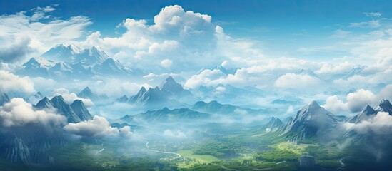 View of majestic mountain peaks surrounded by white fluffy clouds with a deep valley below on a sunny day
