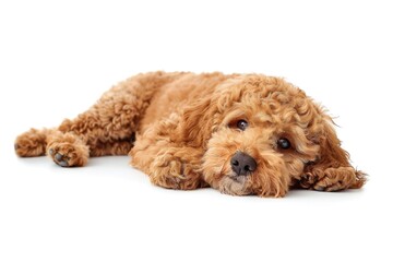 Isolated Golden Doodle Dog. Adorable Brown Puppy of Poodle and Cocker Spaniel Breeds. Cute Canine Pet Animal Picture