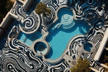 Abstract aerial shot of swimming pool with intricate patterns
