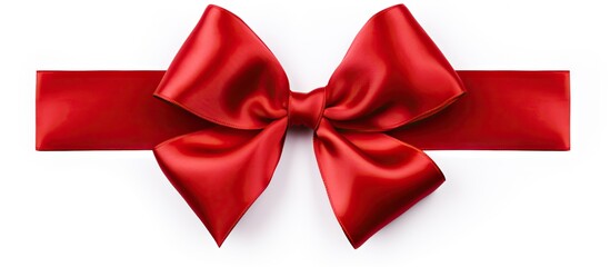A detailed close-up view of a vibrant red satin gift bow, isolated against a clean white background.