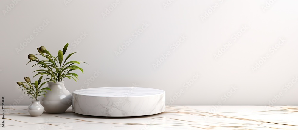 Poster a white marble table is elegantly decorated with two vases filled with green plants, creating a harm