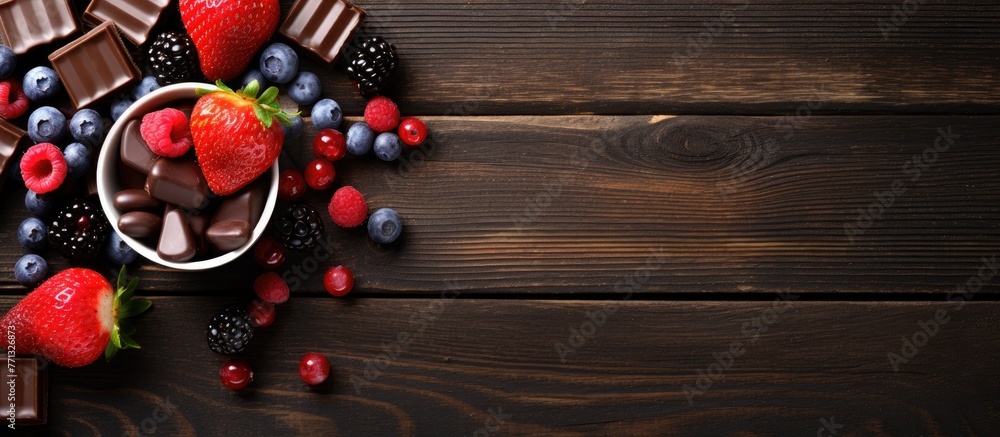 Poster A delicious mix of assorted berries and chocolate pieces displayed in a bowl on a rustic wooden table, creating a tempting treat