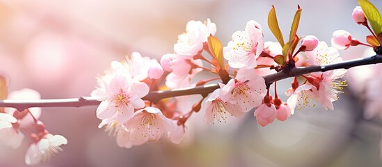 Flowering branch of a tree with delicate pink blossoms creating a beautiful spring scene in the wild