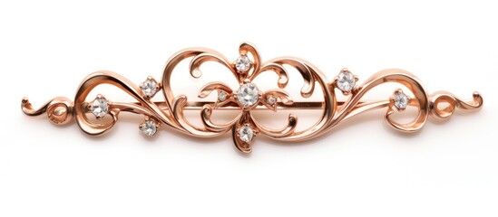 A detailed view of a brooch featuring a sparkling diamond at its center, contrasted with a women's hair barrette isolated on a plain white background - obrazy, fototapety, plakaty