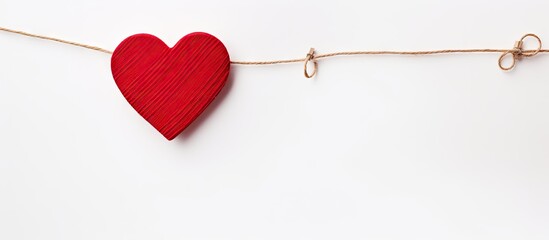 A vibrant red heart made of wood is suspended from a delicate string against a plain white backdrop