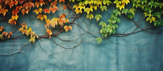 Lush green leaves and two varieties of vines growing wildly on a weathered wall, creating a beautiful natural display