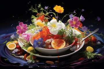 A culinary artwork inspired by impressionism, with delicate brushstrokes of sauces and colorful ingredients.