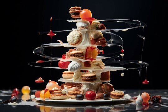 A gastronomic sculpture in the form of a tower, showcasing deconstructed flavors and molecular gastronomy techniques.