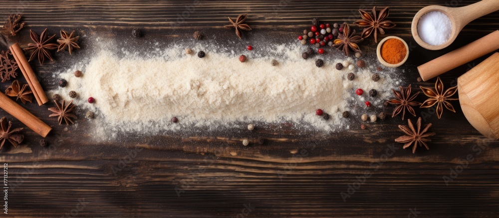 Leinwandbilder a wooden table is adorned with various spices and powders beside a wooden spoon, creating a rustic c