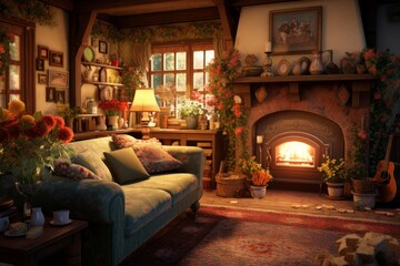 Fototapeta na wymiar Cozy cottage living room with floral sofa and fireplace