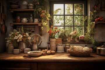 Rustic cottage kitchen with farmhouse sink and homemade bread