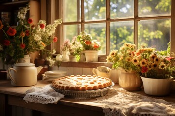 Cozy cottage kitchen with freshly baked pies and vintage sink