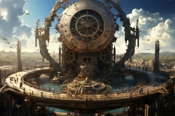 Steampunk-inspired clock tower in a bustling city with intricate gears and a steam-powered bell.